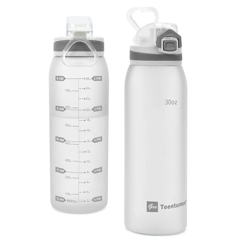 Teentumn Water Bottle BPA Free Tritan with Time Markers, 30oz Large Durable Gym Plastic Bottle for Fitness, Outdoor Enthusiasts, Leakproof White (Pack of 1) - Image 1